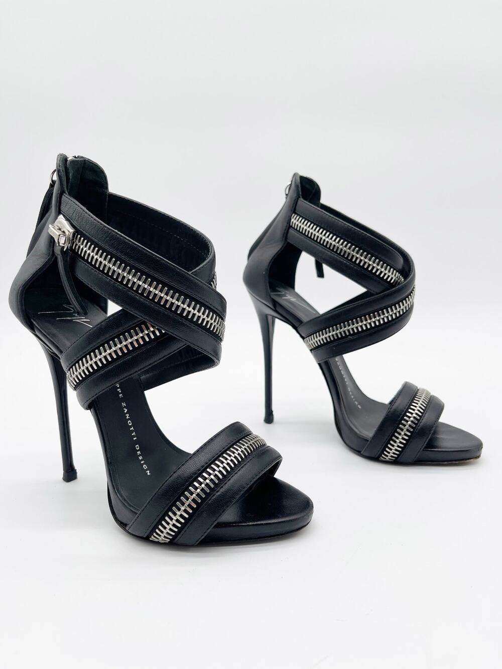 Giuseppe Zanotti Black Leather Zipper Strap Stiletto Cage Sandal Heels IT 36